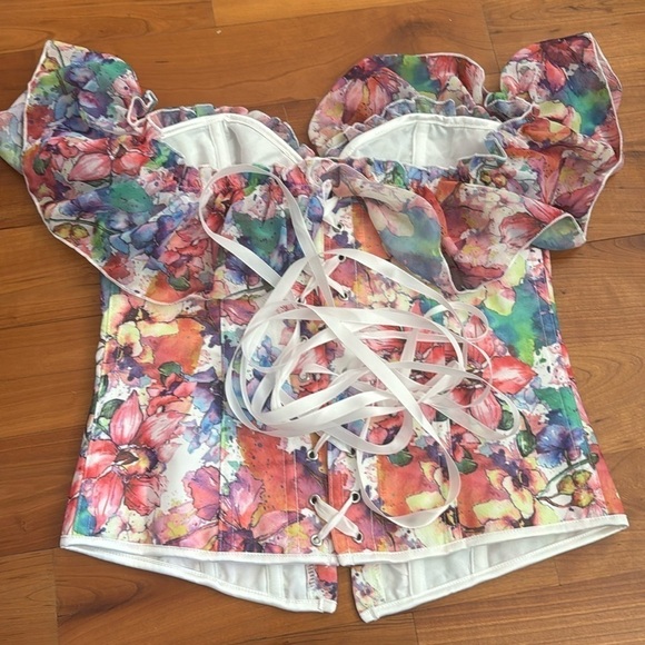 Women’s Corset top floral abstract multicolor ruffle lace-up new - Picture 9 of 9